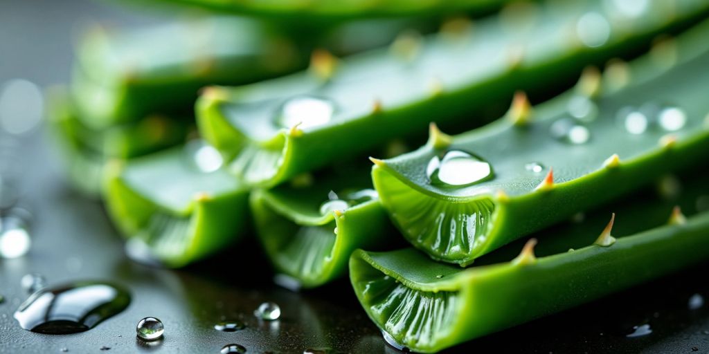 Nærbilde av aloe vera blader med vanndråper.